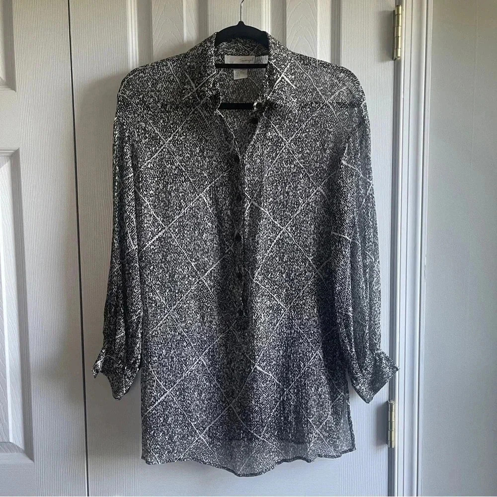 100% Silk Spiegel Vintage Black and White Print Tunic Blouse Size 2 / Small